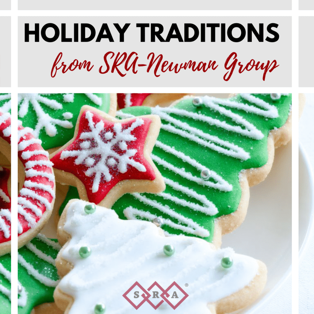 plate of Christmas cookies. captioned "Holiday Traditions from SKA-Newman Group"